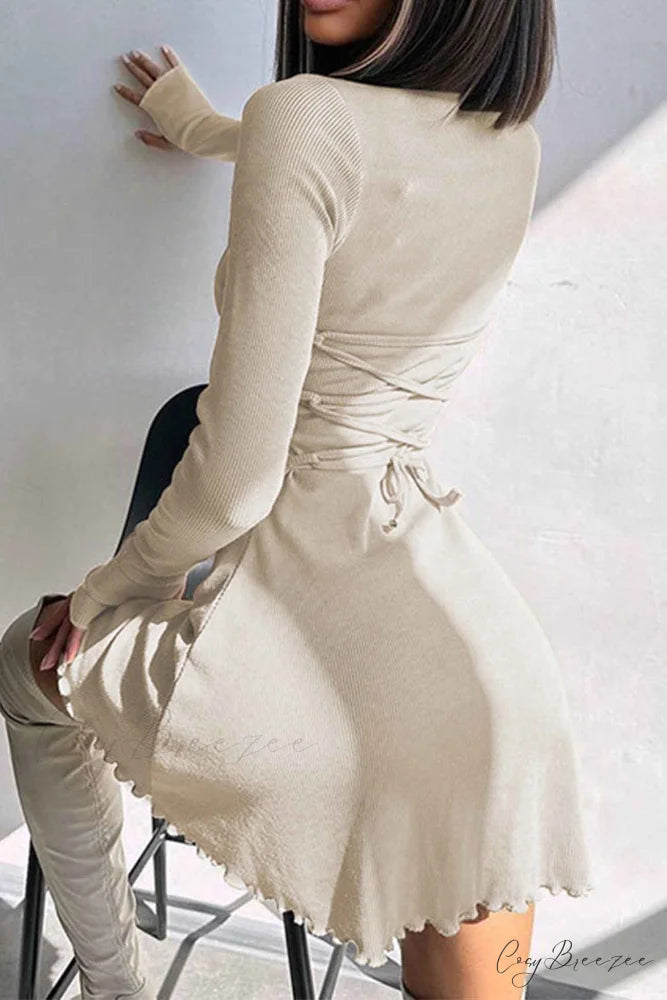 Back Strap Long Sleeve Mini Dress Apricot / M