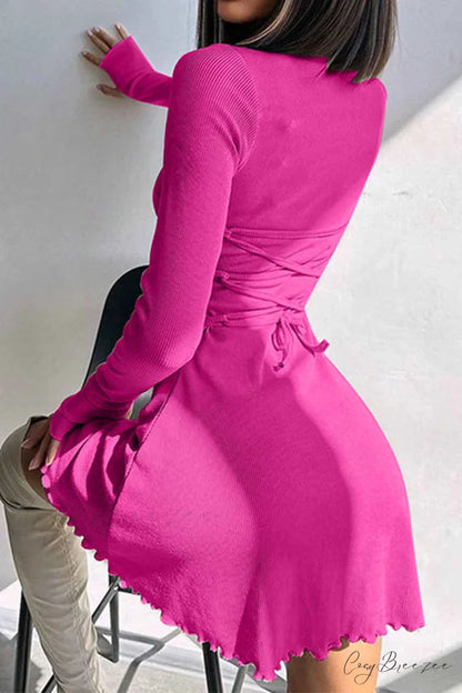 Back Strap Long Sleeve Mini Dress Rose / M