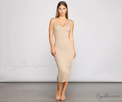 Back To Basics Charming Ribbed Knit Midi Dress