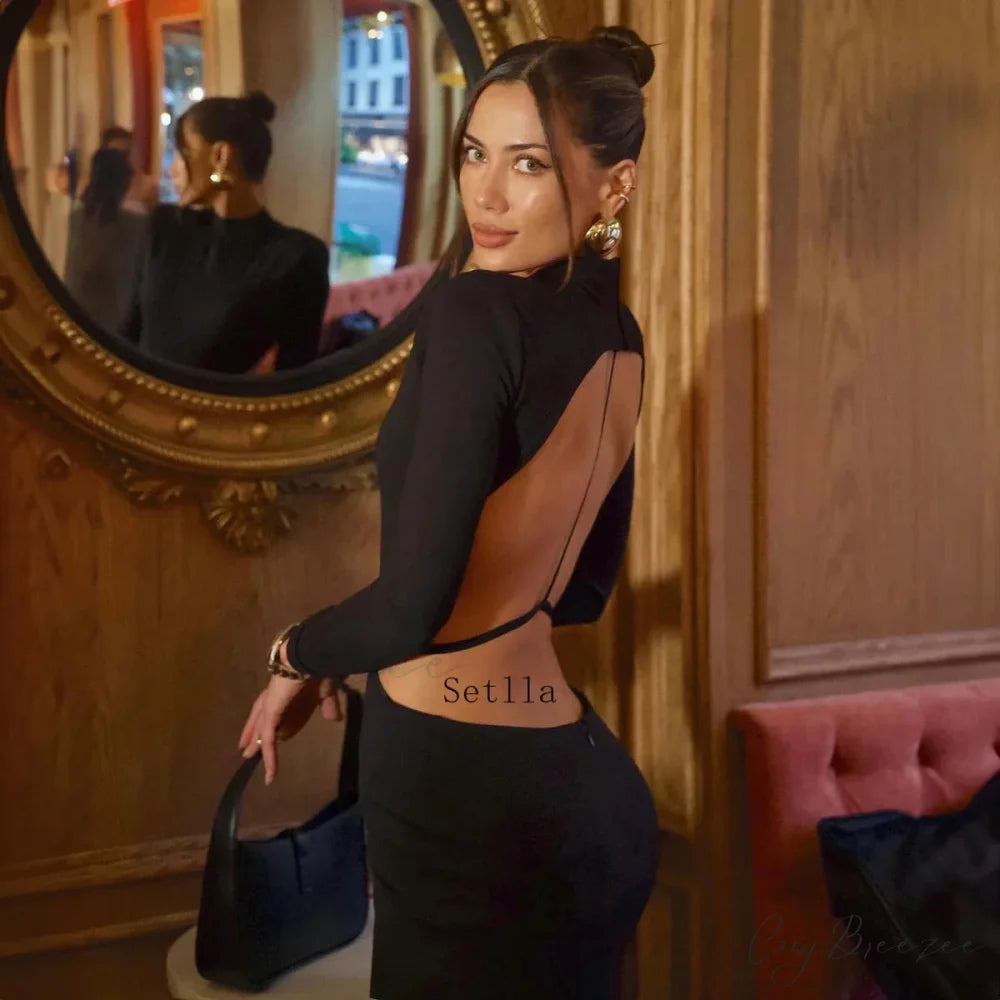 Backless Bandage Long Sleeve Black Mini Dress