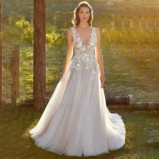 Backless Beach Sheer Tulle Wedding Dress weddingdress-250223