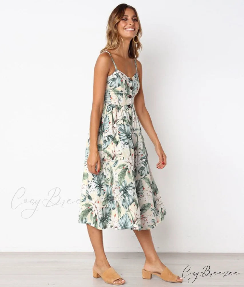 Backless Bohemian Polka Button Sexy Green Striped Dot Gown Women’s - Floral M / GREEN