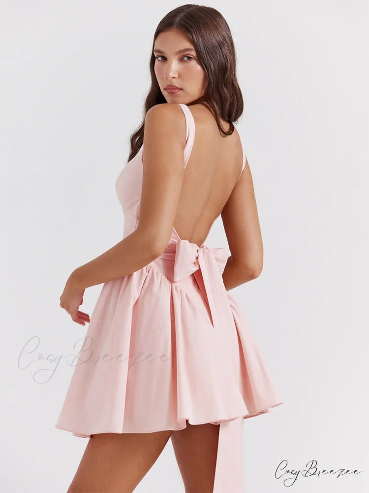 Backless Bow Stylish Mini Dress Pink / XS