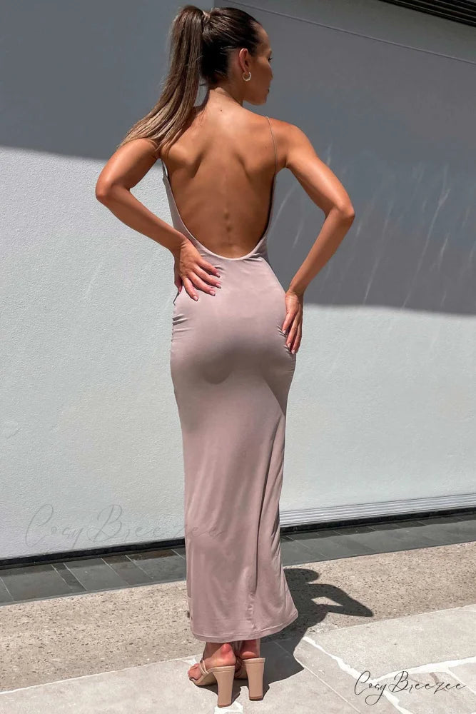Backless Cami Dress in Solid Color Khaki / XL