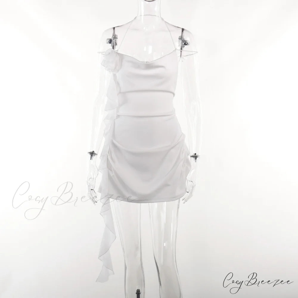Backless Cowl Neck Charming Flower Frill Mini Dress White / S