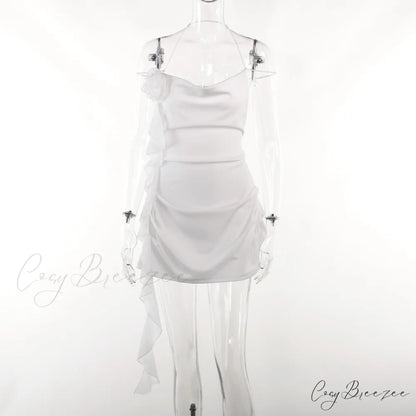 Backless Cowl Neck Charming Flower Frill Mini Dress White / S
