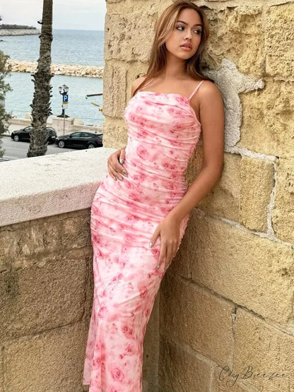 Backless Draped Floral Print Maxi Dress Pink / S floraldress-250126