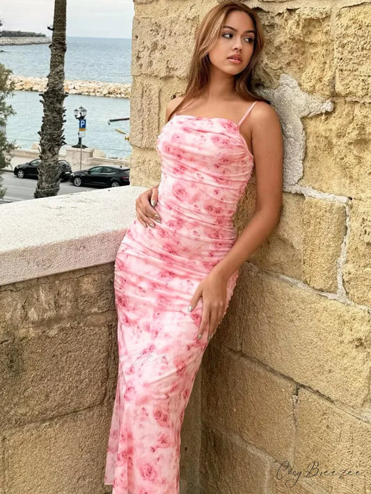 Backless Draped Floral Print Maxi Dress Pink / S floraldress-250126
