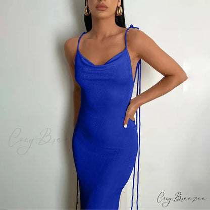 Backless Draped Maxi Dress Blue / S