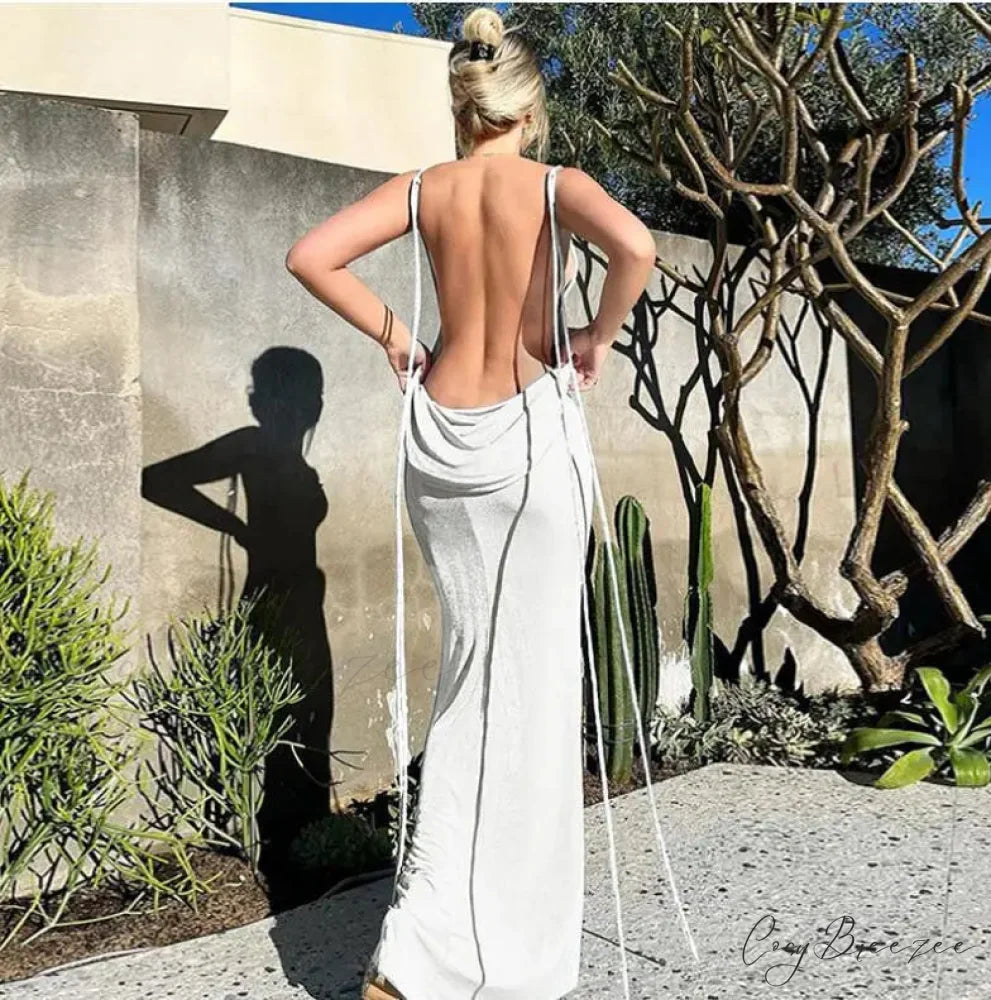 Backless Draped Maxi Dress WHITE / S