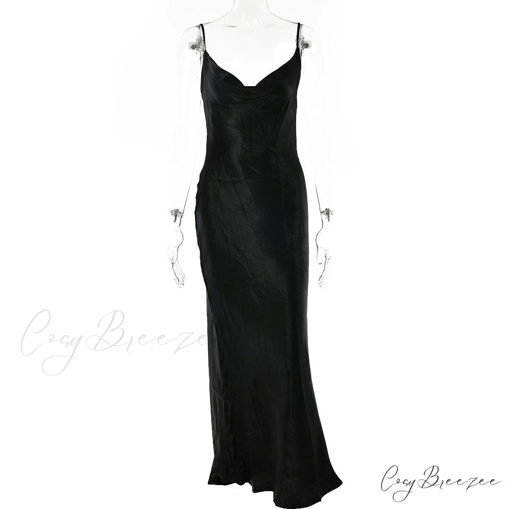 Backless Elegant Long Satin Lace Spaghetti Trumpet Up Strap Dress black / S