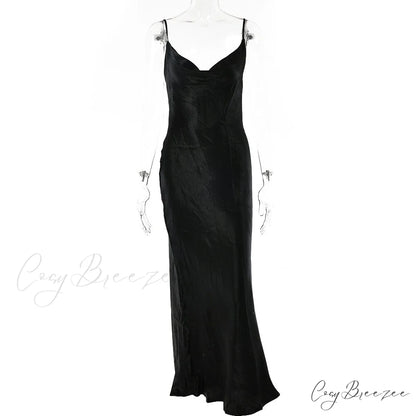 Backless Elegant Long Satin Lace Spaghetti Trumpet Up Strap Dress black / S