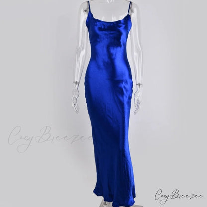 Backless Elegant Long Satin Lace Spaghetti Trumpet Up Strap Dress blue / S