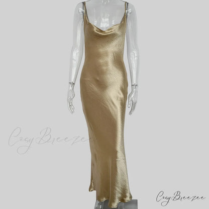 Backless Elegant Long Satin Lace Spaghetti Trumpet Up Strap Dress khaki / S