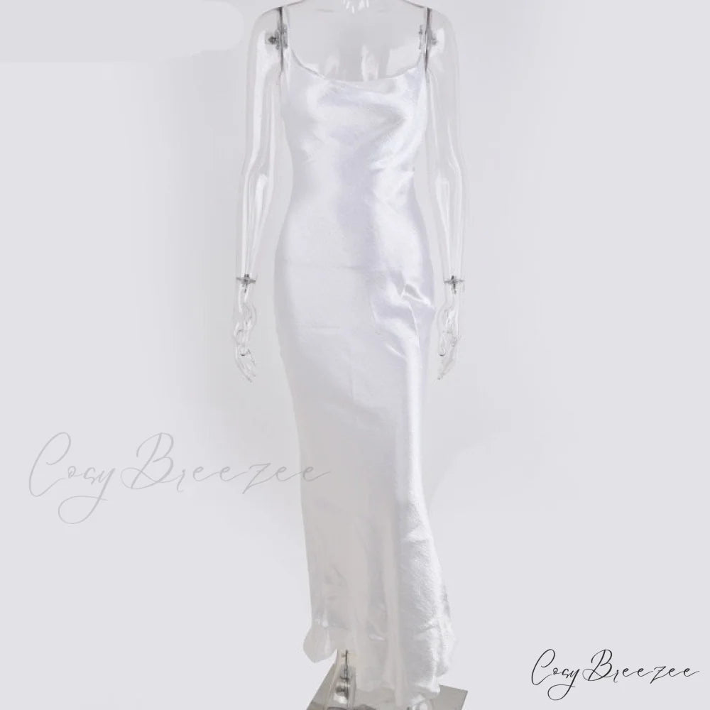 Backless Elegant Long Satin Lace Spaghetti Trumpet Up Strap Dress white / S