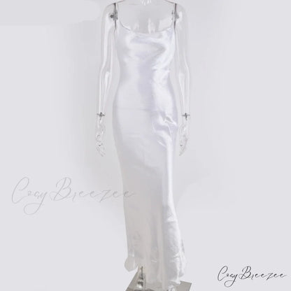 Backless Elegant Long Satin Lace Spaghetti Trumpet Up Strap Dress white / S