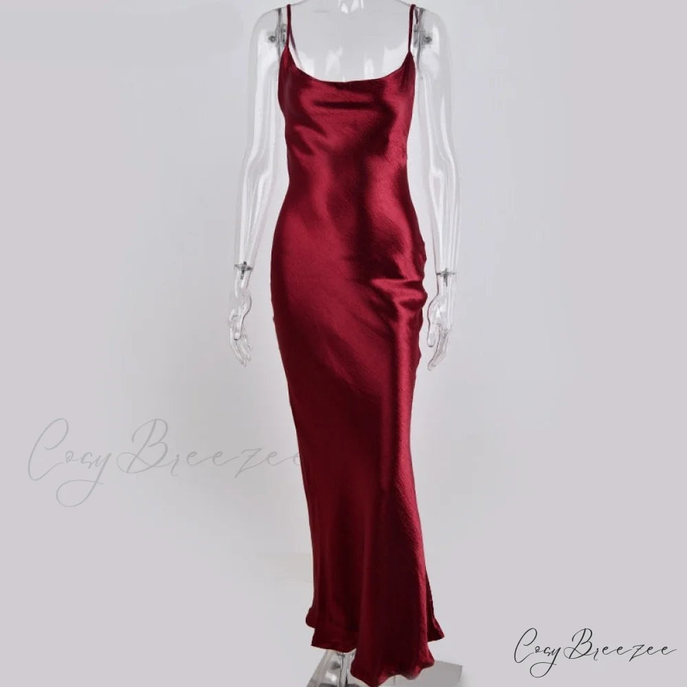 Backless Elegant Long Satin Lace Spaghetti Trumpet Up Strap Dress wine red / S