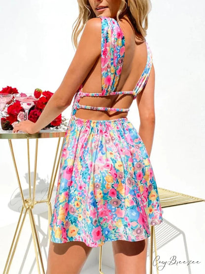 Backless Flower Print Deep V Mini A-Line Dress floraldress-250126