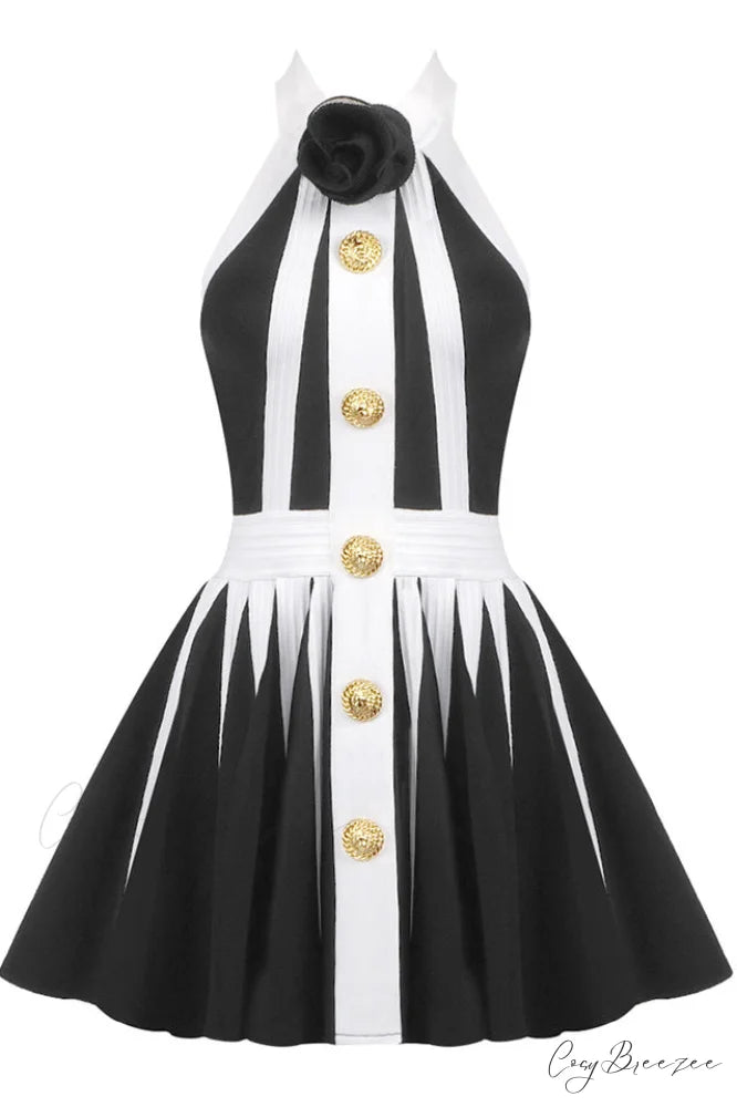 Backless Knit Dress Charming With Rose Detail XS / Black & White