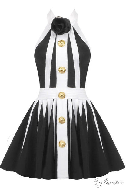Backless Knit Dress Charming With Rose Detail XS / Black & White
