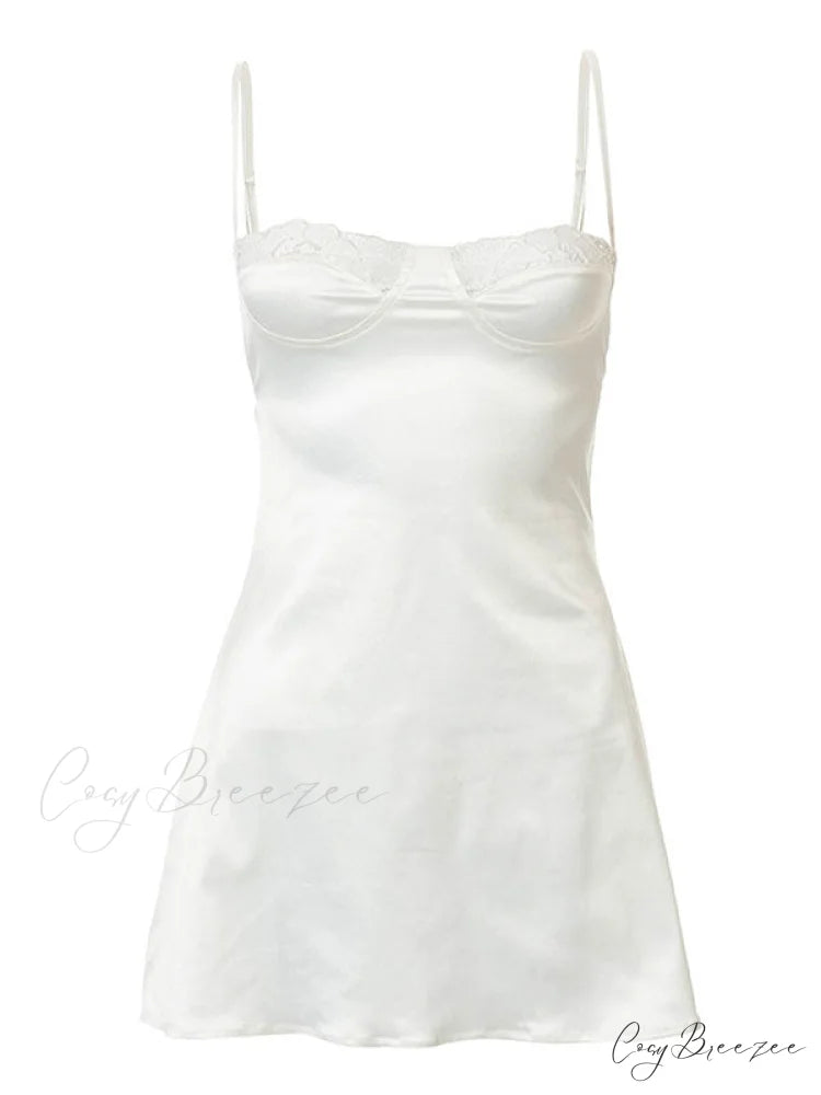 Backless Lace Paneled Trendy Satin Mini Dress