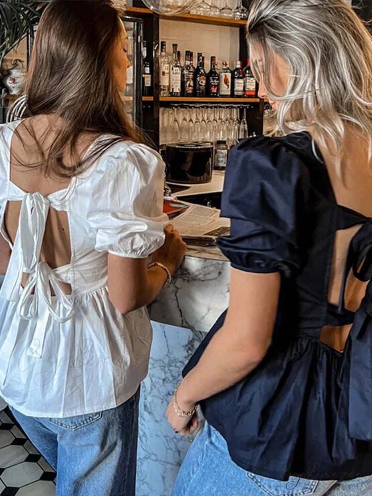 Backless Lace-Up Bow Short Sleeve Shirt blouse-250223