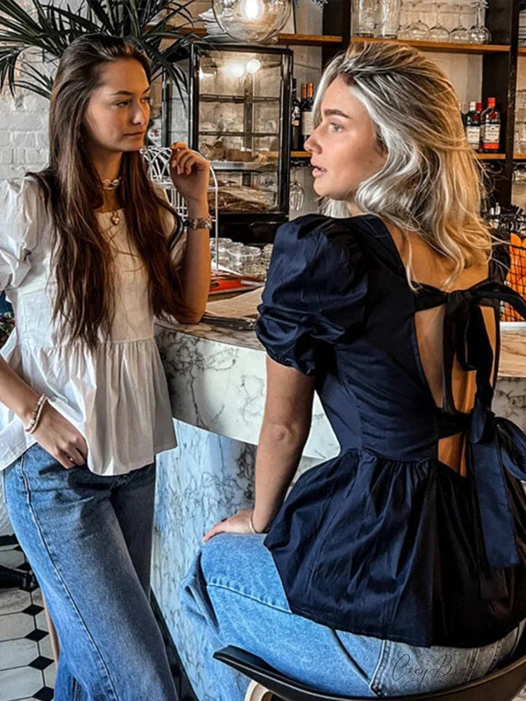 Backless Lace-Up Bow Short Sleeve Shirt blouse-250223