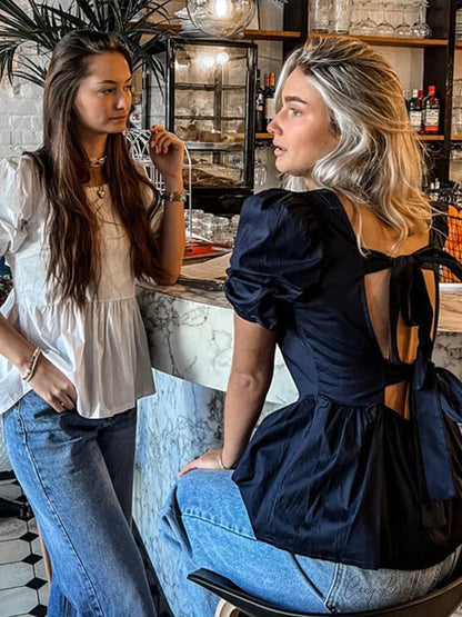 Backless Lace-Up Bow Short Sleeve Shirt blouse-250223