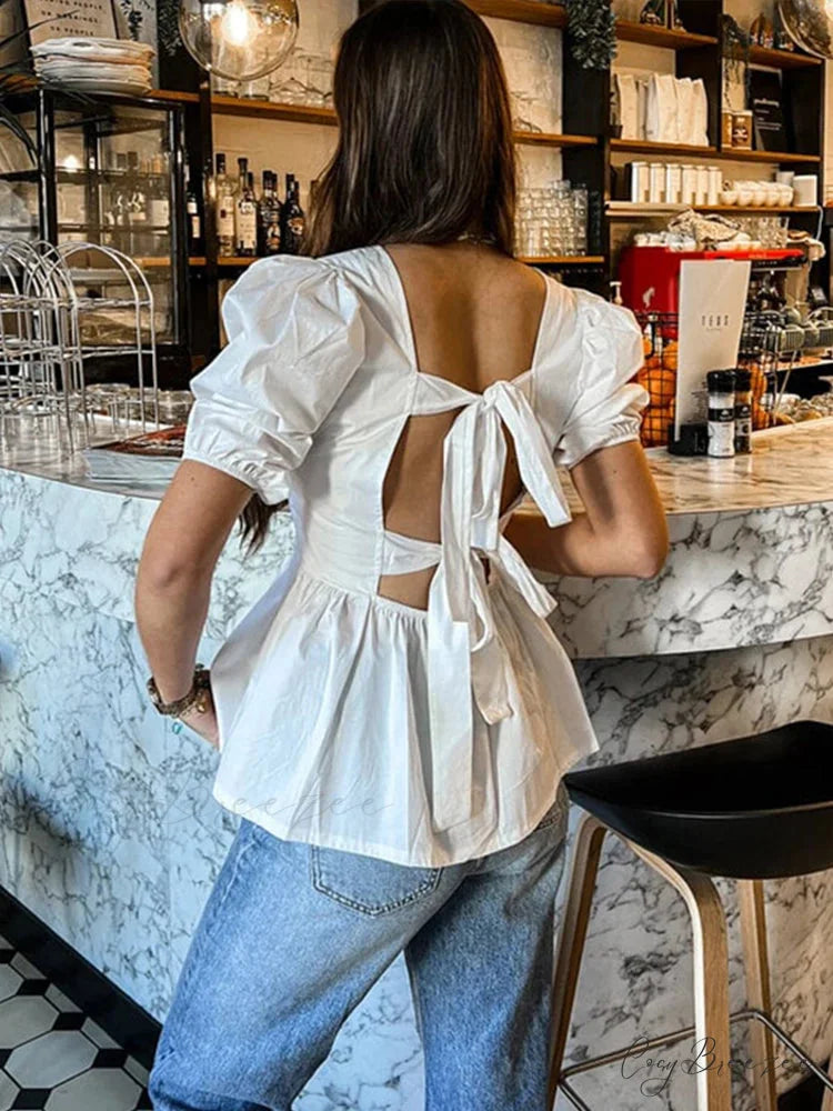 Backless Lace-Up Bow Short Sleeve Shirt blouse-250223
