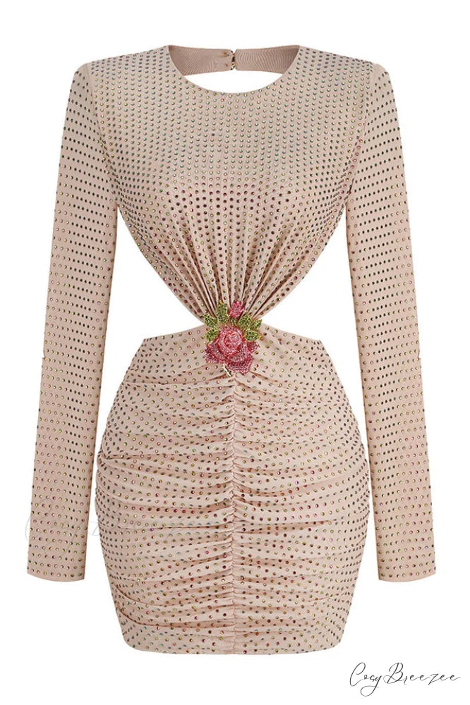 Backless Long Sleeve Charming Beading Mini Dress XS / Beige