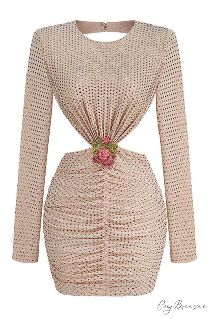 Backless Long Sleeve Charming Beading Mini Dress XS / Beige