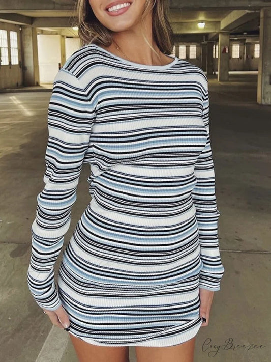 Backless Long Sleeve Trendy Striped Knit Mini Dress Blue / S