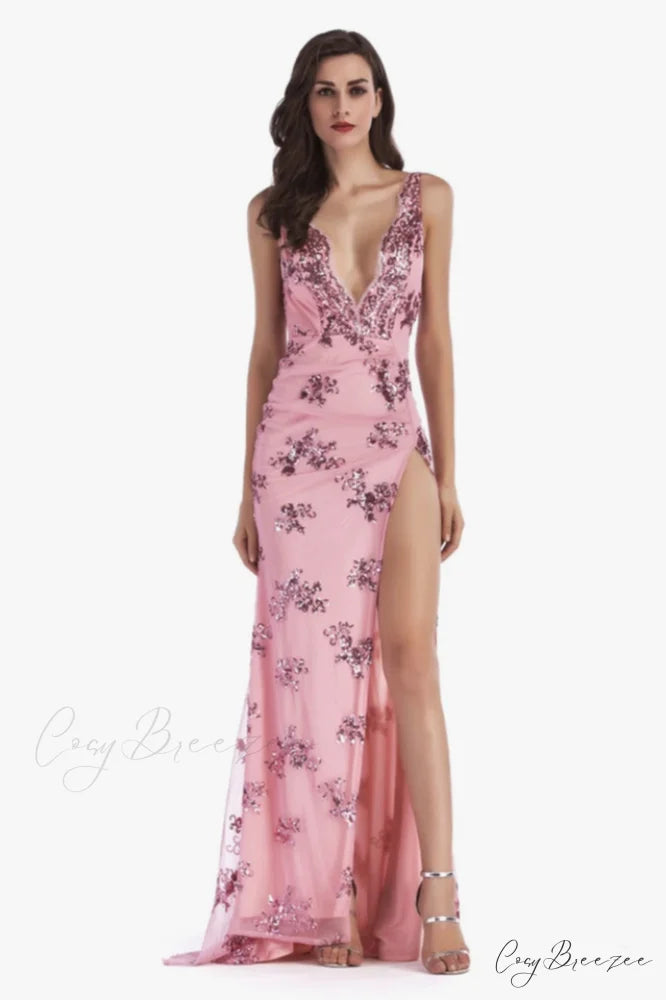 Backless Maxi Stylish Sequin Dress S / Pink