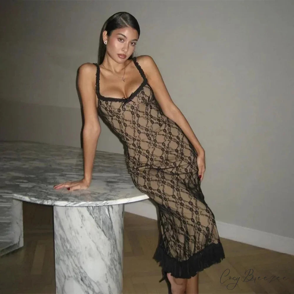 Backless Mesh Lace Maxi Dress Black / S