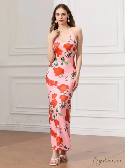 Backless Party Spaghetti Strap U-neck Bodycon Evening Dress floraldress-250126