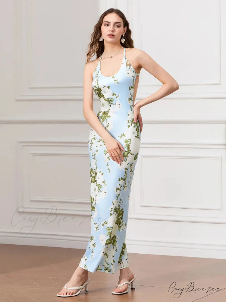 Backless Party Spaghetti Strap U-neck Bodycon Evening Dress floraldress-250126