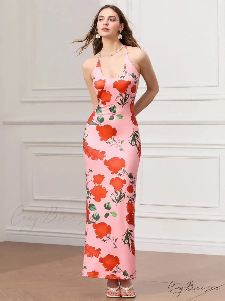 Backless Party Spaghetti Strap U-neck Bodycon Evening Dress RED / S floraldress-250126