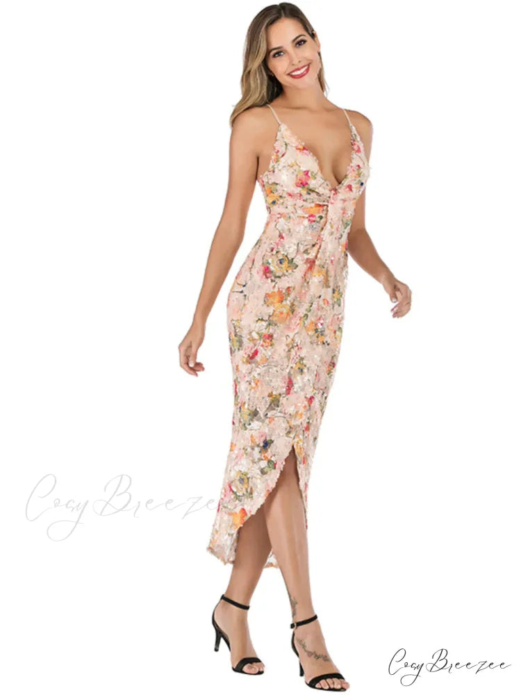 Backless Printed Sequined Dress with Sexy Suspender