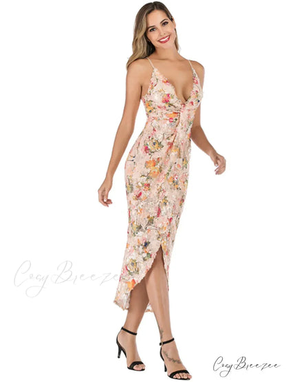 Backless Printed Sequined Dress with Sexy Suspender
