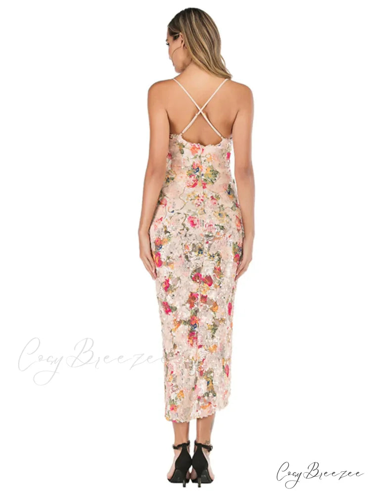 Backless Printed Sequined Dress with Sexy Suspender