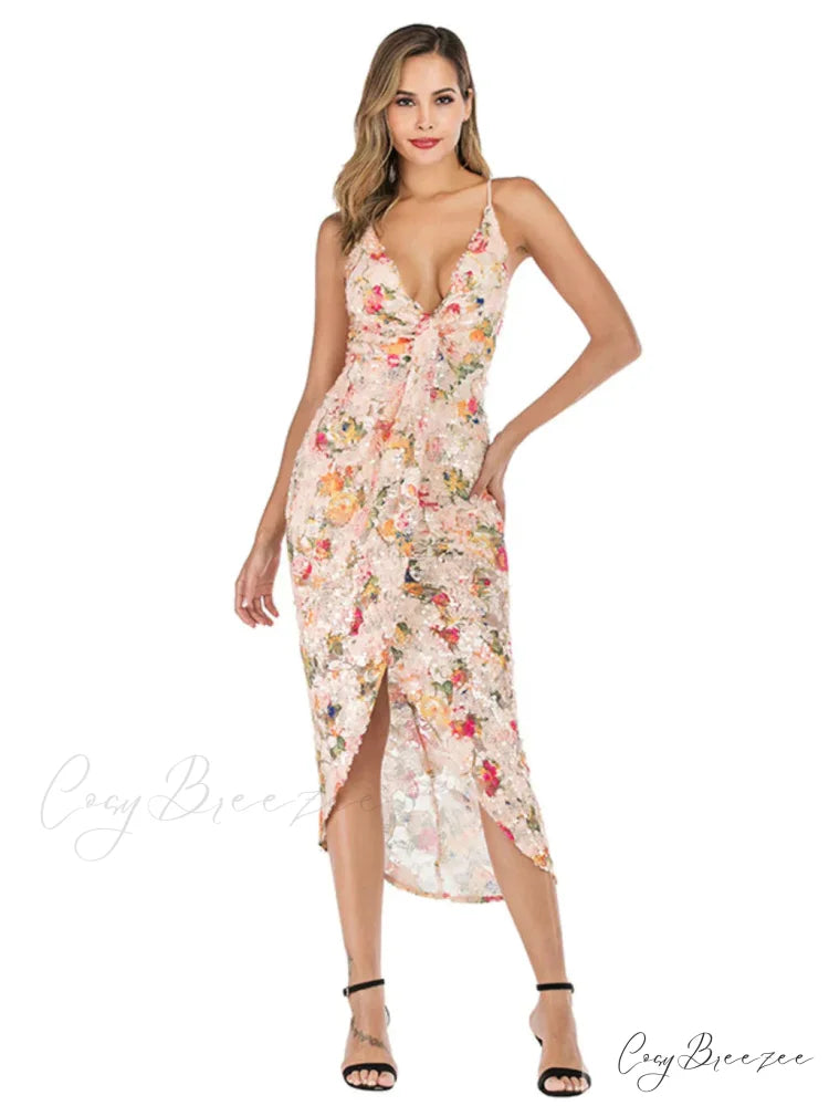 Backless Printed Sequined Dress with Sexy Suspender