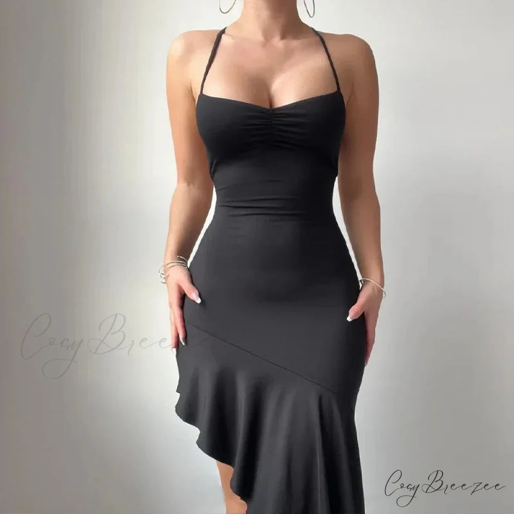 Backless Ruffle Elegant Tie Detail Sleeveless es Summer Midi Dress Black / S