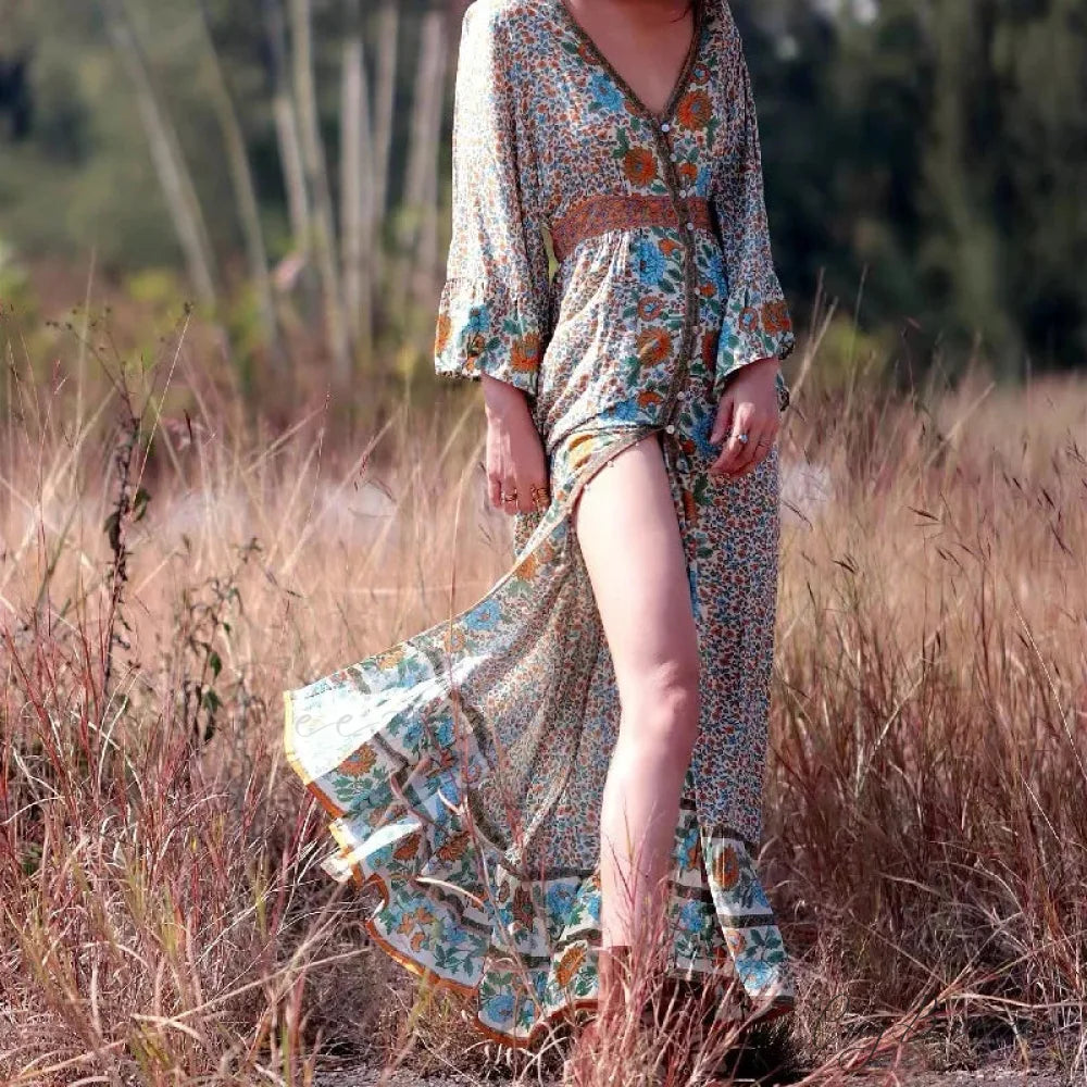 Backless Ruffled Hem Printing Midi Boho Dress Beige / S bohodress-250126