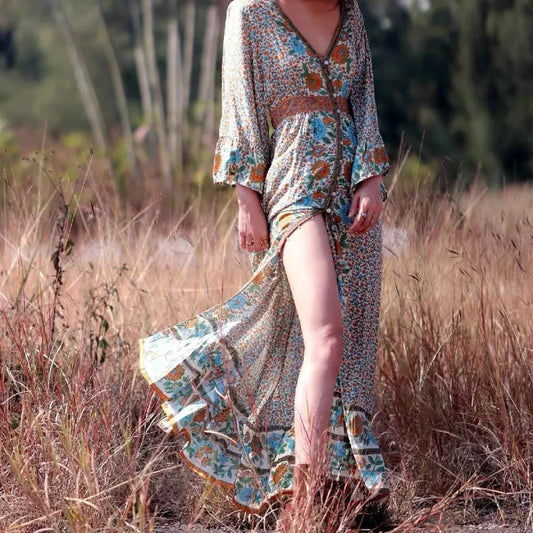 Backless Ruffled Hem Printing Midi Boho Dress Beige / S bohodress-250126