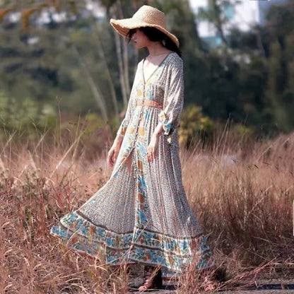 Backless Ruffled Hem Printing Midi Boho Dress bohodress-250126