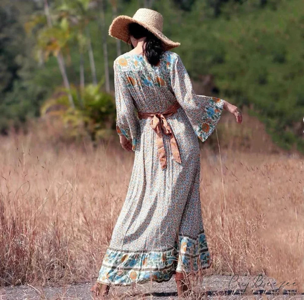 Backless Ruffled Hem Printing Midi Boho Dress bohodress-250126