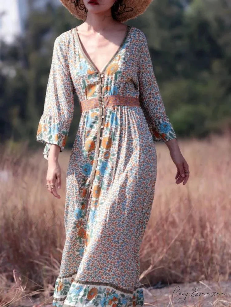 Backless Ruffled Hem Printing Midi Boho Dress bohodress-250126