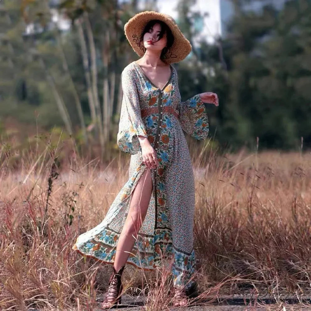 Backless Ruffled Hem Printing Midi Boho Dress bohodress-250126