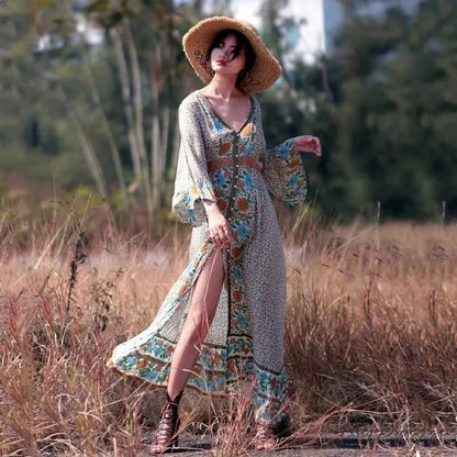 Backless Ruffled Hem Printing Midi Boho Dress bohodress-250126