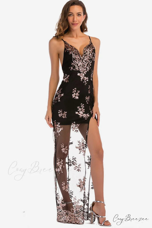 Backless Sequin Stylish Party Maxi Dress S / Black